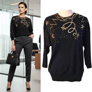 Vtg 80s Black Gold Sequin Beaded Art Deco Pullover Luxe Sweater Top Medium